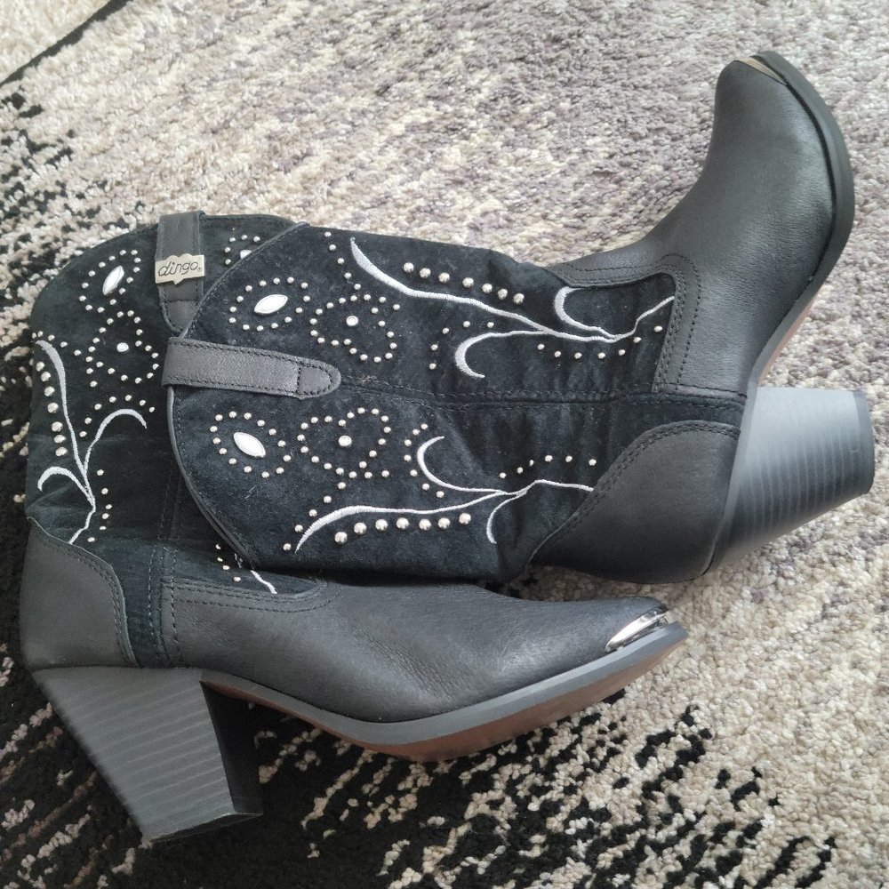 Women's Black Leather Upper Dingo Studded Cowgirl Boots